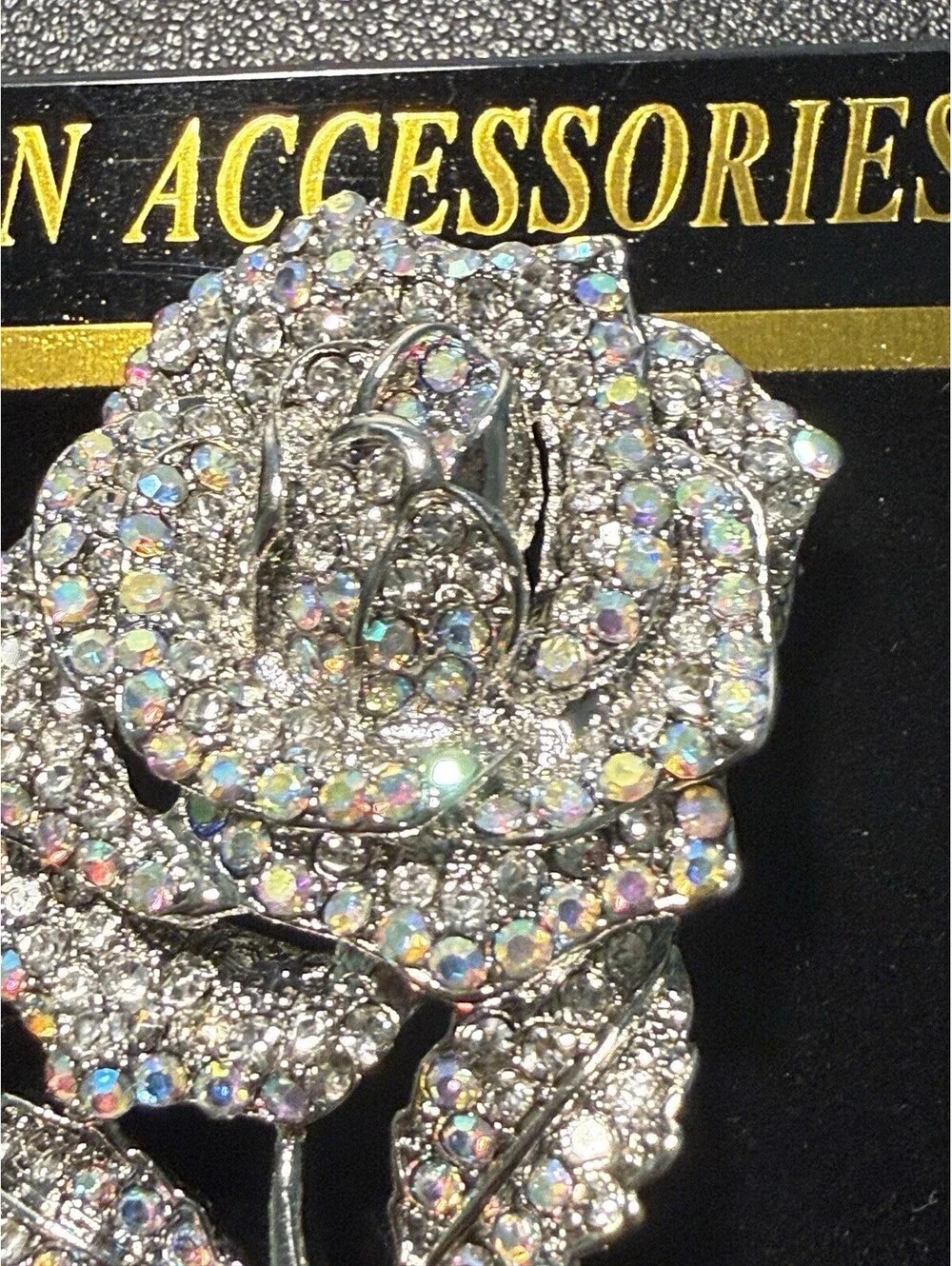 NEW Vintage 2000s Rose Brooch Crystal AB Silver Tone, 1.5x2.5”